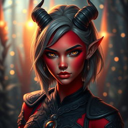 A striking young female tiefling with radiant red skin and mesmerizing yellow eyes, brimming with confidence
