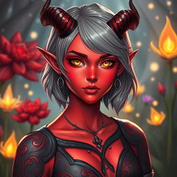 A striking young female tiefling with radiant red skin and mesmerizing yellow eyes, brimming with confidence