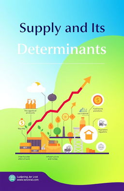 A vibrant and informative front cover design for a project on supply and its determinants, featuring a modern, stylized infographic that illustrates key concepts of supply in economics