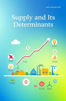 A vibrant and informative front cover design for a project on supply and its determinants, featuring a modern, stylized infographic that illustrates key concepts of supply in economics