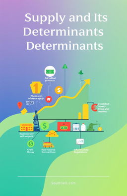 A vibrant and informative front cover design for a project on supply and its determinants, featuring a modern, stylized infographic that illustrates key concepts of supply in economics