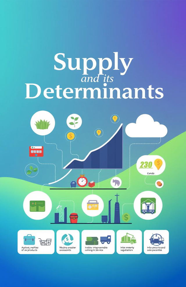 A vibrant and informative front cover design for a project on supply and its determinants, featuring a modern, stylized infographic that illustrates key concepts of supply in economics