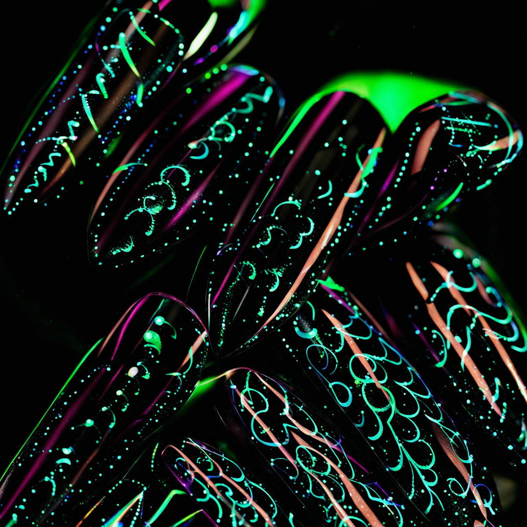 Close-up photograph of iridescent nail art featuring psychedelic patterns and rhinestones against a black background.