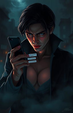 A dark romance scene depicting a mysterious, brooding figure holding a phone with messages on the screen indicating a long-distance obsession