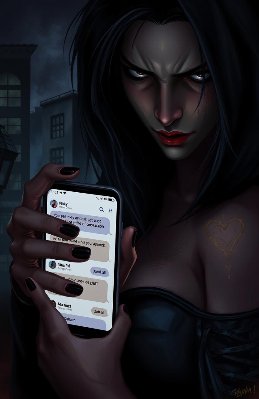 A dark romance scene depicting a mysterious, brooding figure holding a phone with messages on the screen indicating a long-distance obsession