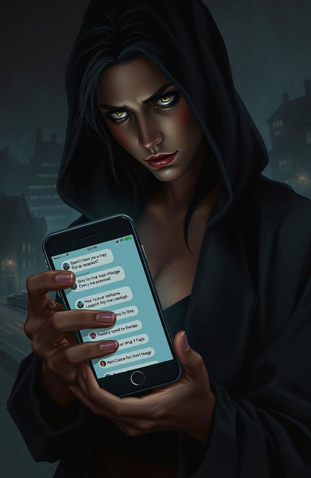 A dark romance scene depicting a mysterious, brooding figure holding a phone with messages on the screen indicating a long-distance obsession