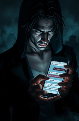 A dark romance scene depicting a mysterious, brooding figure holding a phone with messages on the screen indicating a long-distance obsession