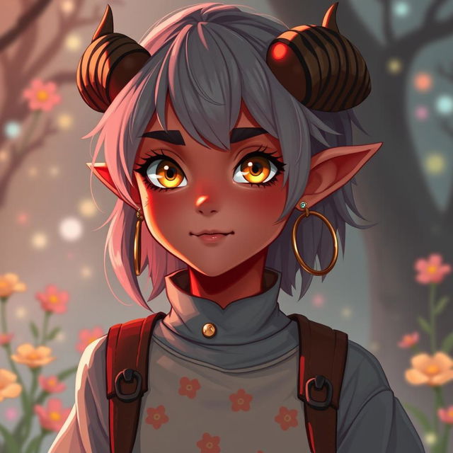 A youthful female tiefling with radiant red skin and captivating yellow eyes, exuding a sense of adventure and curiosity