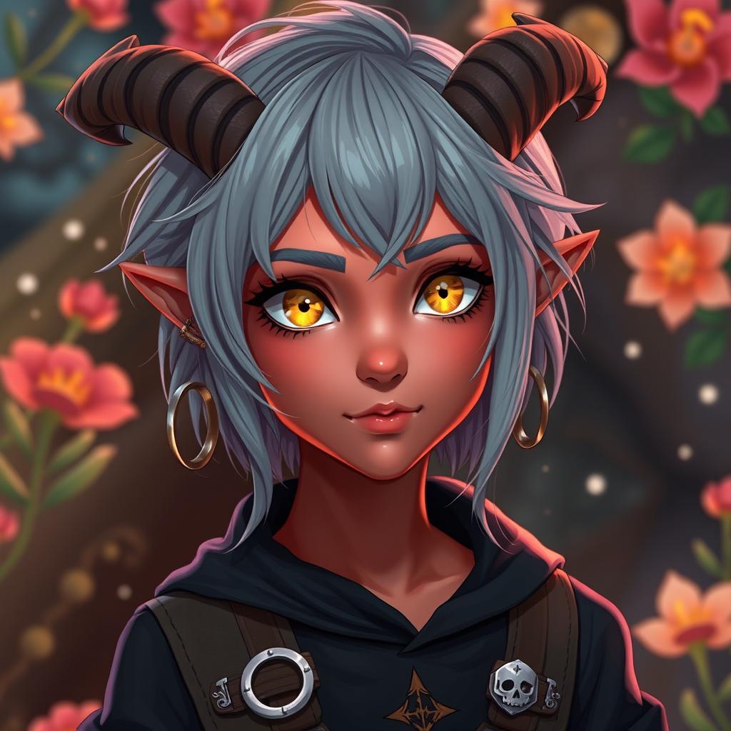 A youthful female tiefling with radiant red skin and captivating yellow eyes, exuding a sense of adventure and curiosity