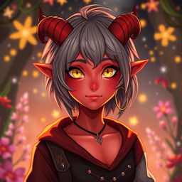 A youthful female tiefling with radiant red skin and captivating yellow eyes, exuding a sense of adventure and curiosity