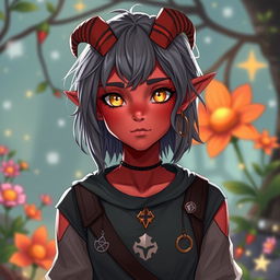 A youthful female tiefling with radiant red skin and captivating yellow eyes, exuding a sense of adventure and curiosity