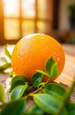 A vibrant, juicy orange resting on a rustic wooden table, with droplets of water glistening on its surface, surrounded by fresh green leaves