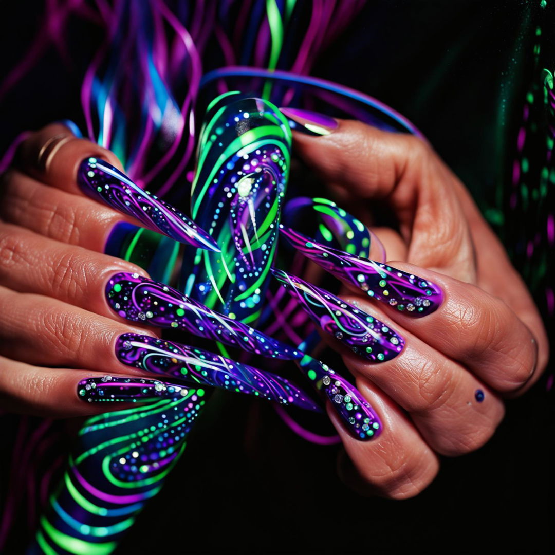 High-resolution photograph of elegant hands with iridescent nail art featuring psychedelic patterns and rhinestones against a black background.