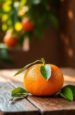 A vibrant, juicy orange resting on a rustic wooden table, with droplets of water glistening on its surface, surrounded by fresh green leaves