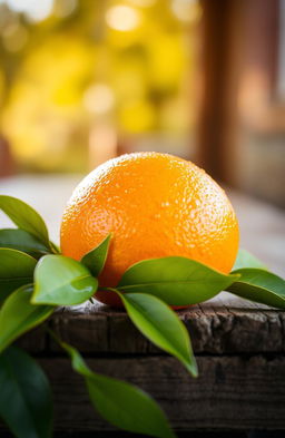 A vibrant, juicy orange resting on a rustic wooden table, with droplets of water glistening on its surface, surrounded by fresh green leaves
