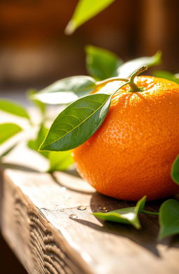 A vibrant, juicy orange resting on a rustic wooden table, with droplets of water glistening on its surface, surrounded by fresh green leaves