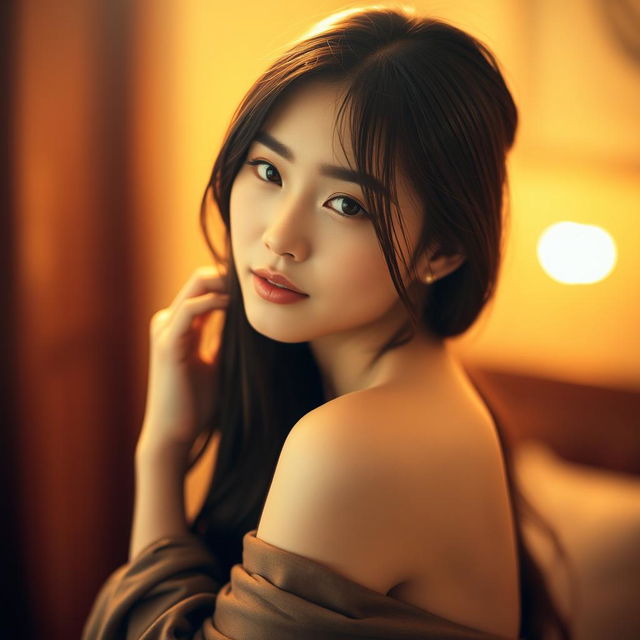 A sensual portrait of an attractive Korean woman, showcasing her captivating beauty and elegant features