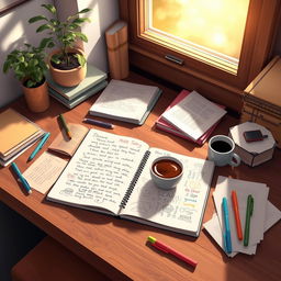 An artistic representation of a cozy workspace featuring a wooden desk filled with neatly arranged notes and stationery