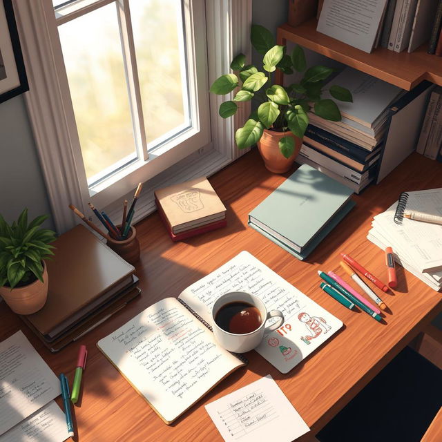 An artistic representation of a cozy workspace featuring a wooden desk filled with neatly arranged notes and stationery