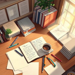 An artistic representation of a cozy workspace featuring a wooden desk filled with neatly arranged notes and stationery