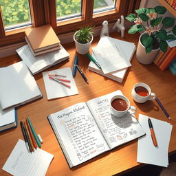 An artistic representation of a cozy workspace featuring a wooden desk filled with neatly arranged notes and stationery