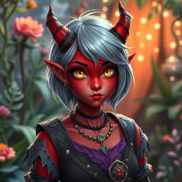 A vibrant female tiefling teenager with striking red skin and enchanting yellow eyes that sparkle with mischief
