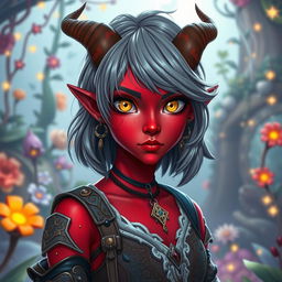 A vibrant female tiefling teenager with striking red skin and enchanting yellow eyes that sparkle with mischief