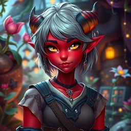 A vibrant female tiefling teenager with striking red skin and enchanting yellow eyes that sparkle with mischief
