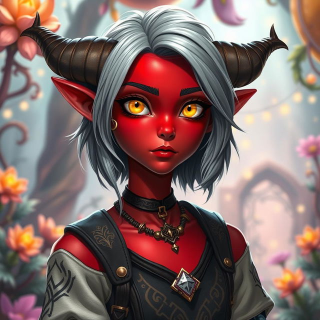 A vibrant female tiefling teenager with striking red skin and enchanting yellow eyes that sparkle with mischief