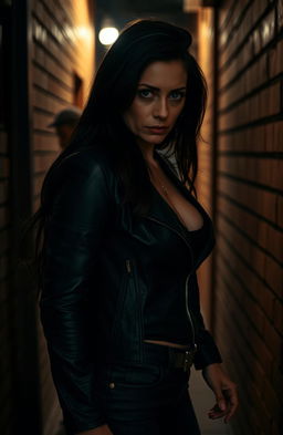 A dark romance scene featuring an alluring and mysterious older woman in a dimly lit alley, capturing the tension of a stalker dynamic