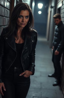 A dark romance scene featuring an alluring and mysterious older woman in a dimly lit alley, capturing the tension of a stalker dynamic