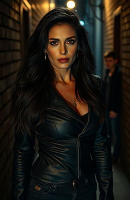 A dark romance scene featuring an alluring and mysterious older woman in a dimly lit alley, capturing the tension of a stalker dynamic