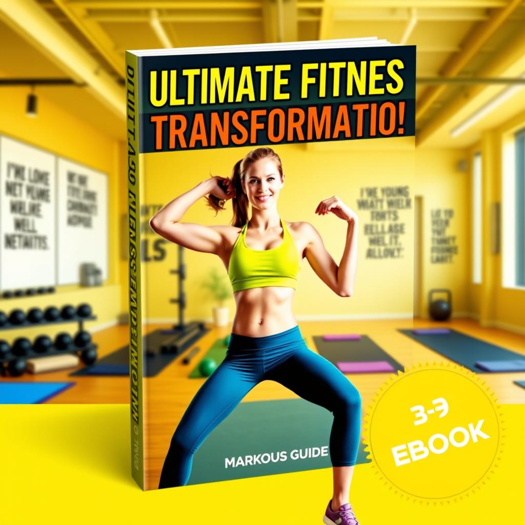 A vibrant and dynamic eBook cover for a workout guide, featuring a fit and athletic woman in a high-energy pose, wearing stylish workout gear