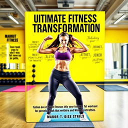 A vibrant and dynamic eBook cover for a workout guide, featuring a fit and athletic woman in a high-energy pose, wearing stylish workout gear