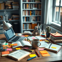 An artistic representation of a stylish workspace featuring a modern desk cluttered with open notebooks, colorful sticky notes, and various office supplies