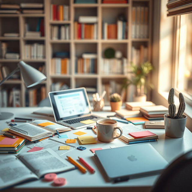 An artistic representation of a stylish workspace featuring a modern desk cluttered with open notebooks, colorful sticky notes, and various office supplies