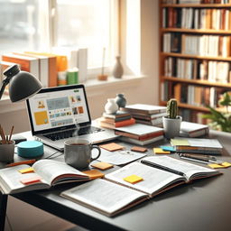 An artistic representation of a stylish workspace featuring a modern desk cluttered with open notebooks, colorful sticky notes, and various office supplies