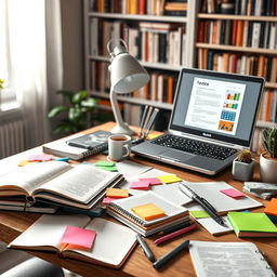 An artistic representation of a stylish workspace featuring a modern desk cluttered with open notebooks, colorful sticky notes, and various office supplies