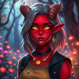 A vibrant female tiefling teenager with captivating red skin and bright yellow eyes that sparkle with life