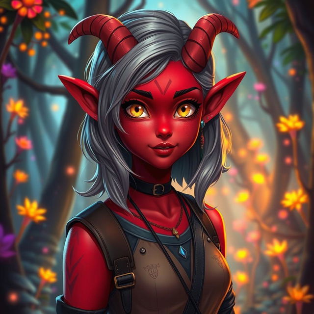 A vibrant female tiefling teenager with captivating red skin and bright yellow eyes that sparkle with life