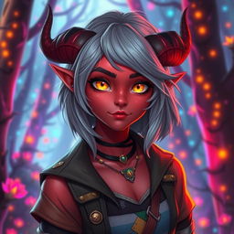 A vibrant female tiefling teenager with captivating red skin and bright yellow eyes that sparkle with life