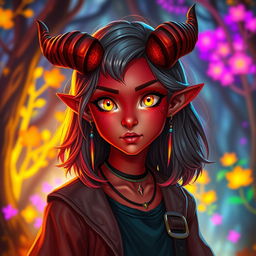 A vibrant female tiefling teenager with captivating red skin and bright yellow eyes that sparkle with life