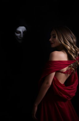 A dramatic and intense romance scene featuring a mysterious masked man with piercing eyes, shadowy and brooding, surrounded by a dimly lit, gothic background