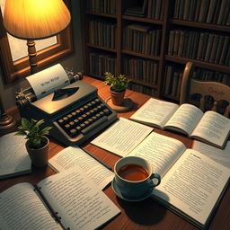 An artistic depiction of a writer's cozy workspace, showcasing a wooden desk strewn with open notebooks filled with handwritten drafts and notes for a novel