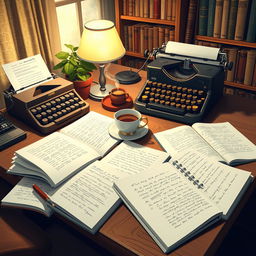 An artistic depiction of a writer's cozy workspace, showcasing a wooden desk strewn with open notebooks filled with handwritten drafts and notes for a novel