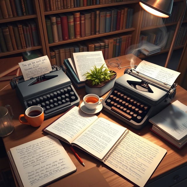 An artistic depiction of a writer's cozy workspace, showcasing a wooden desk strewn with open notebooks filled with handwritten drafts and notes for a novel