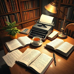 An artistic depiction of a writer's cozy workspace, showcasing a wooden desk strewn with open notebooks filled with handwritten drafts and notes for a novel