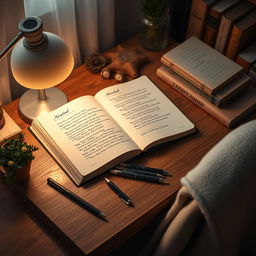 An aesthetic depiction of a writer's workspace, showcasing a beautifully arranged wooden desk adorned with a stack of open notebooks filled with poetic verses and novel drafts