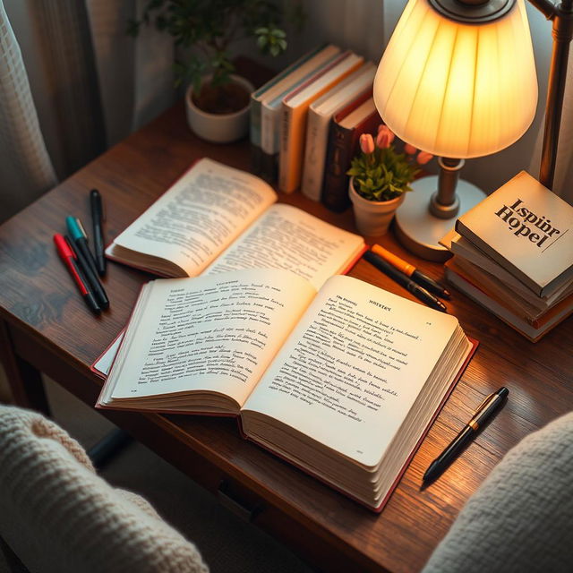 An aesthetic depiction of a writer's workspace, showcasing a beautifully arranged wooden desk adorned with a stack of open notebooks filled with poetic verses and novel drafts