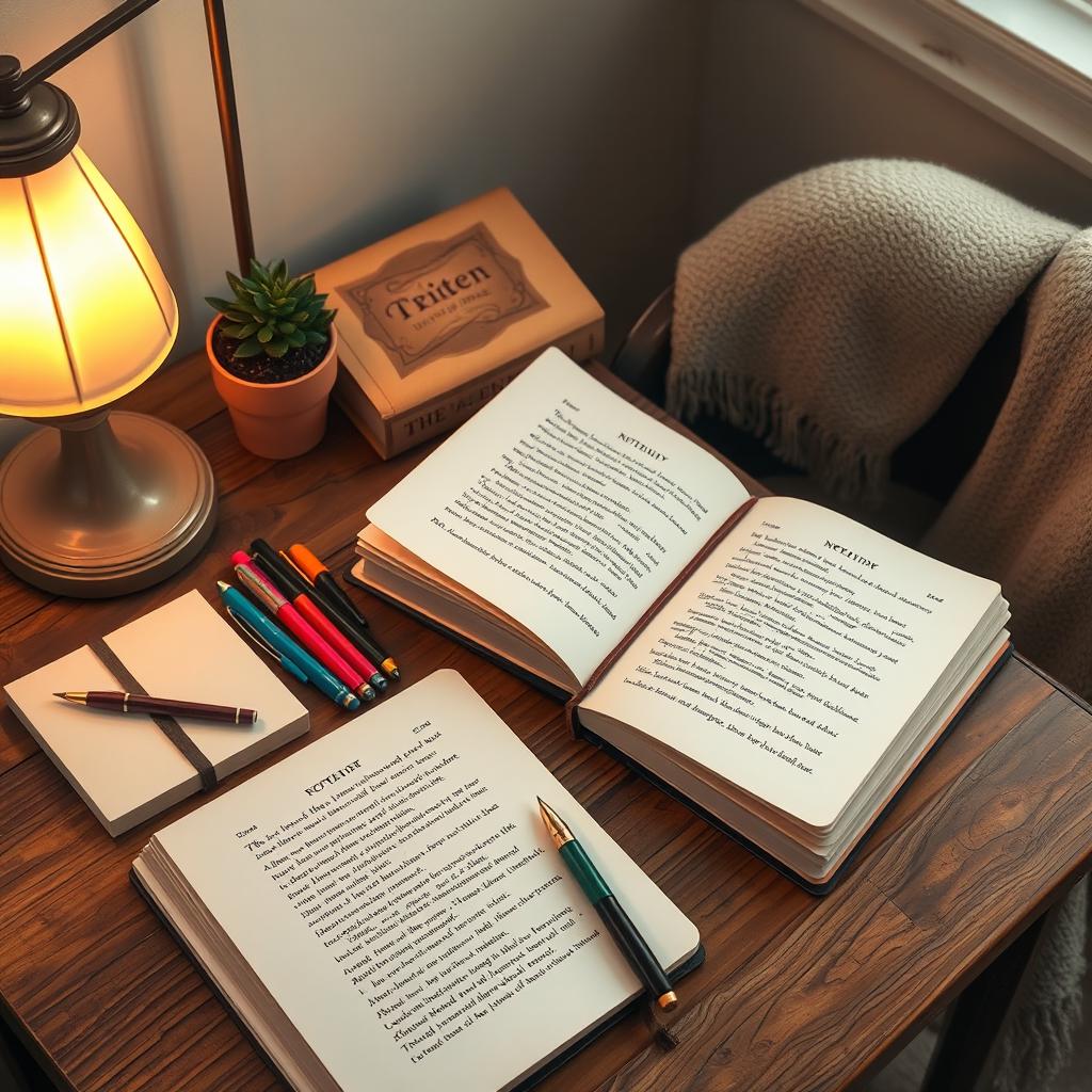 An aesthetic depiction of a writer's workspace, showcasing a beautifully arranged wooden desk adorned with a stack of open notebooks filled with poetic verses and novel drafts